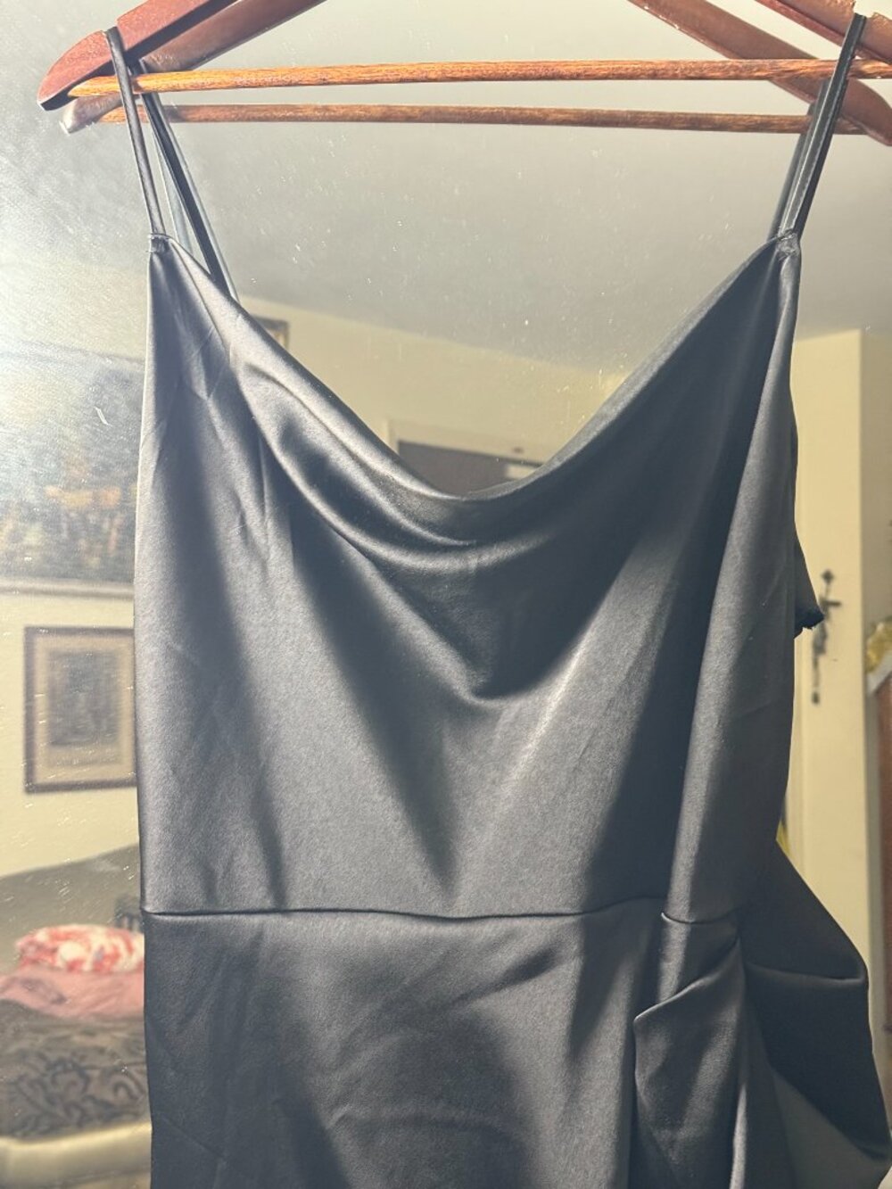 Shein Black Satin Cocktail Wrap Dress with Spaghetti Straps - Picture 2 of 8